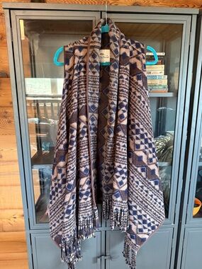 Aztec Fringe Wrap Vest in Blue and Brown